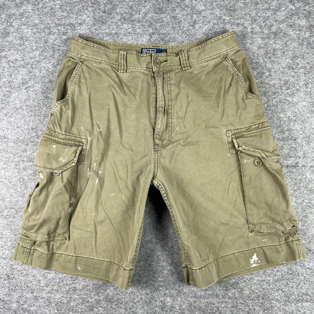 Vintage Polo Ralph Lauren Cargo Shorts Mens 33 Green 90s Grunge Paint Splatter